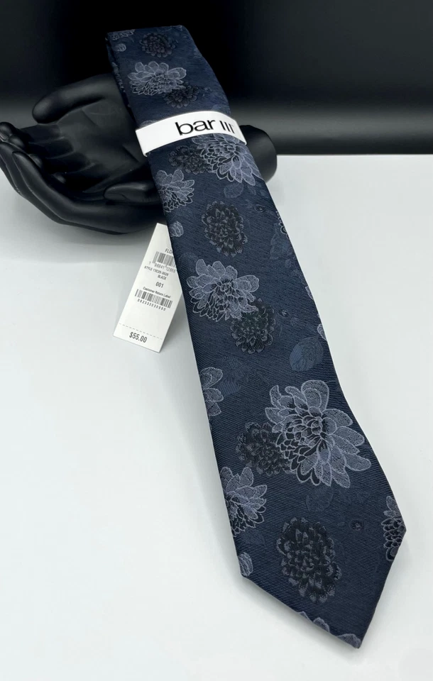 Bar III 男式丝绸混纺领带 ~ 黑色 ~ 花卉 ~ 全新 MSRP:55 美元。 — 第 2/3 张图片
