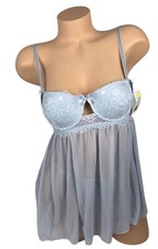 Rene Rofe Push-Up Babydoll Chemise with G-String - Medium Light Blue 2 Piece Set