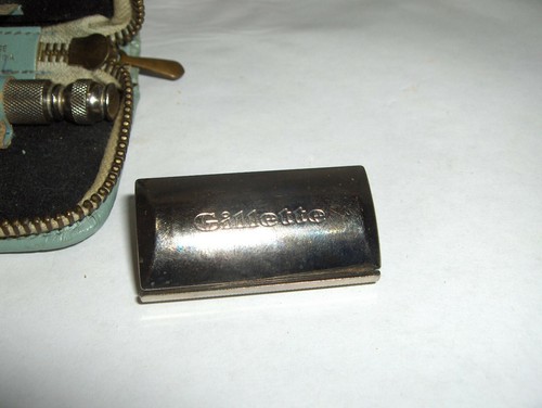 Navaja recta de viaje Gillette vintage azul estuche de cuero con cremallera de Austria - Imagen 5 de 5