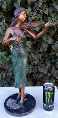 GIRL PLAYING VIOLIN BRONZE ON MARBLE FOR TABLETOP, DESKTOP OR INDOOR DECORATION