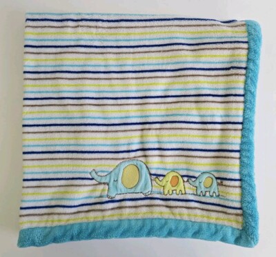 Absorba Aqua Blue Elephant Stripe Baby Blanket Fleece Lovey Lime Green Navy Tan