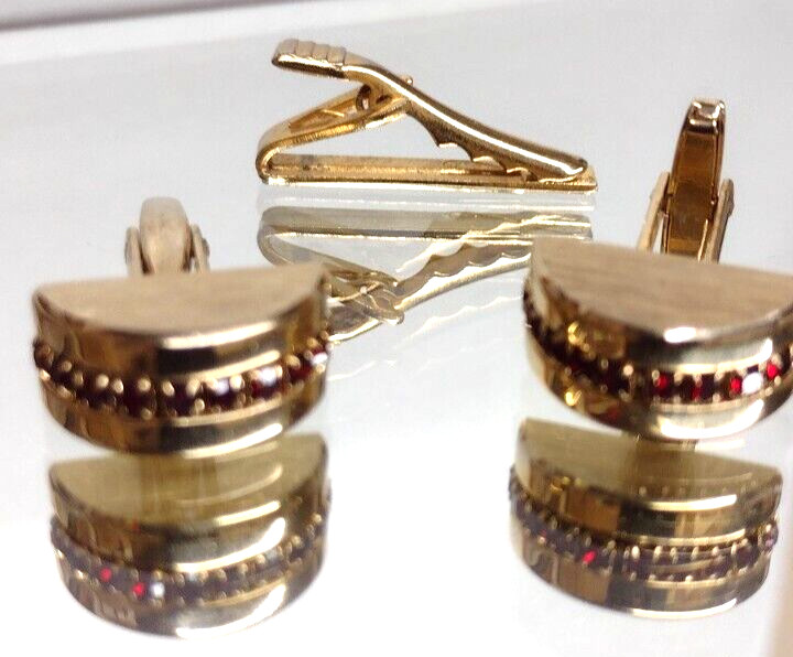 Sarah Coventry Ruby Red Rhinestone Cufflinks and … - image 2