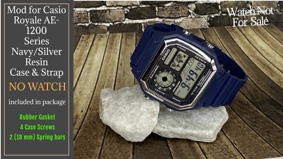 Mod Case & Strap for Casio World Time Royale AE-1200 Navy/Silver  NO WATCH