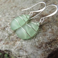 seafoam green Sea Glass Earrings, cultured Beach jewelry, silver wire wrapped 