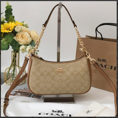 COACH CA548 Teri Shoulder Bag Signature Coated Canvas Khaki Brown
