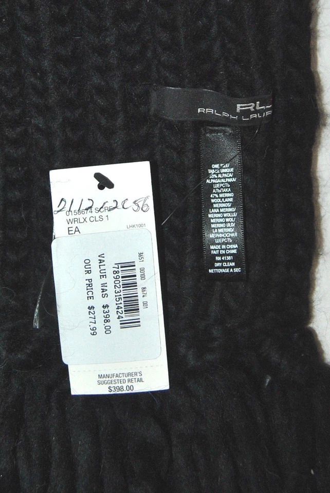 ENORME RLX Ralph Lauren Etiqueta Negra Gruesa Tejido Borla Negro Bufanda de Lana SIN USAR Foto 4 de 4