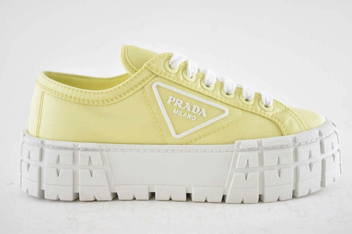 Prada Yellow Nylon White Platform Lug Sole Flat Low Top Trainer