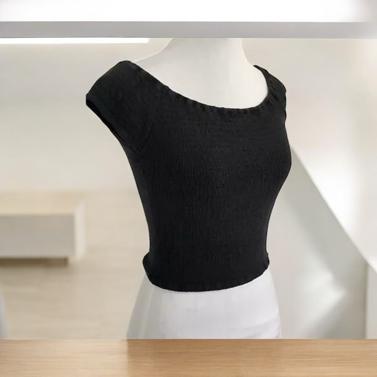 Brandy Melville Smocked Black Top Short Sleeves Scoop Neck