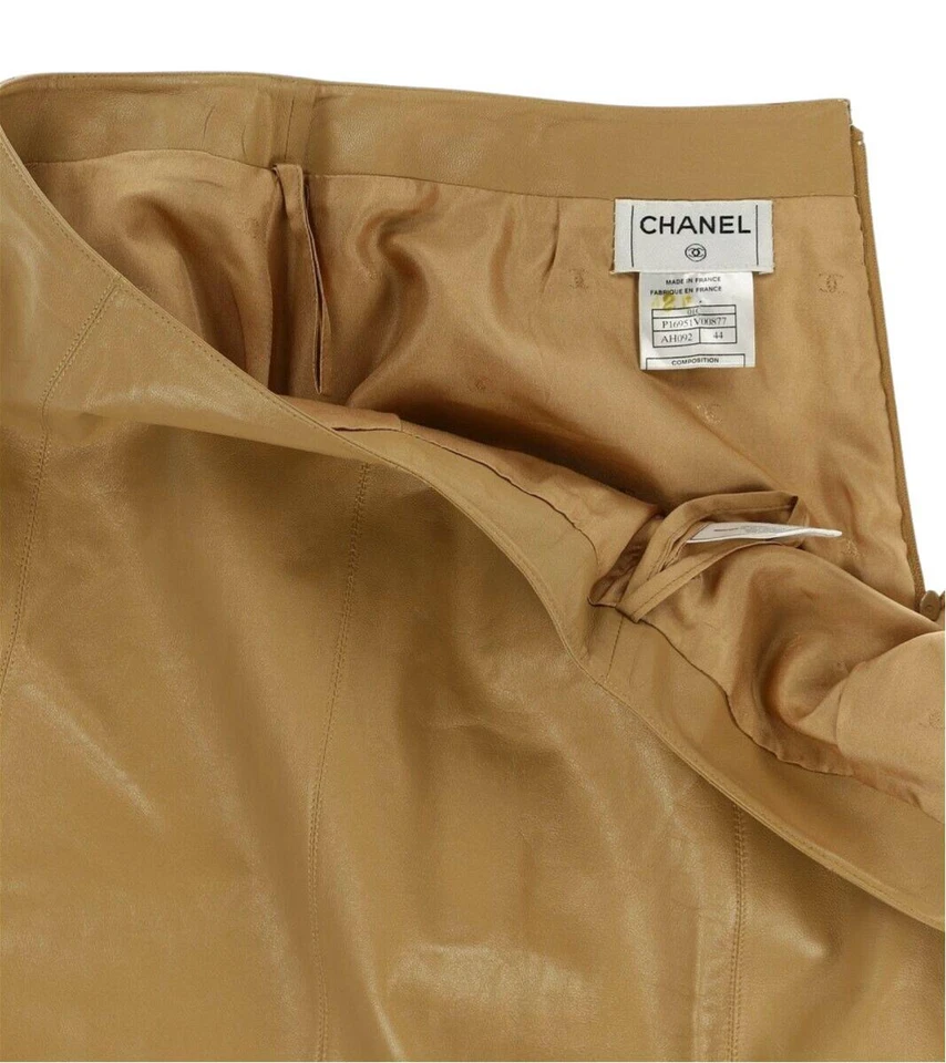 Auténtica falda Chanel para mujer piel de cordero tostada cuero forro de seda talla 44 Foto 3 de 4