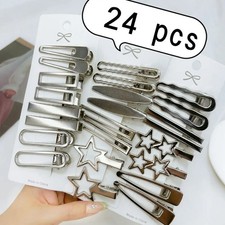 Y2K Silver Hair Clips 24PCS Set Star Metal Duckbill Hairpins Women Girls