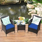 3PCS Patio Rattan Chair & Table Furniture Set Outdoor w/ Navy Cushion