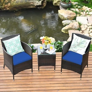 3PCS Patio Rattan Chair & Table Furniture Set Outdoor w/ Navy Cushion