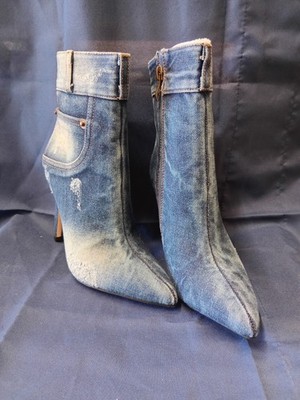Blue Denim Ankle Bootie Pointed Toe Stiletto Zipper Faded Ripped Denim Women