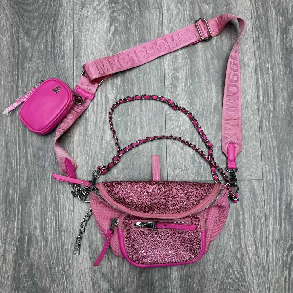 Steve Madden Maxima Convertible Belt Bag Rhinestone Hot Pink Crossbody Purse - Image 2 of 4