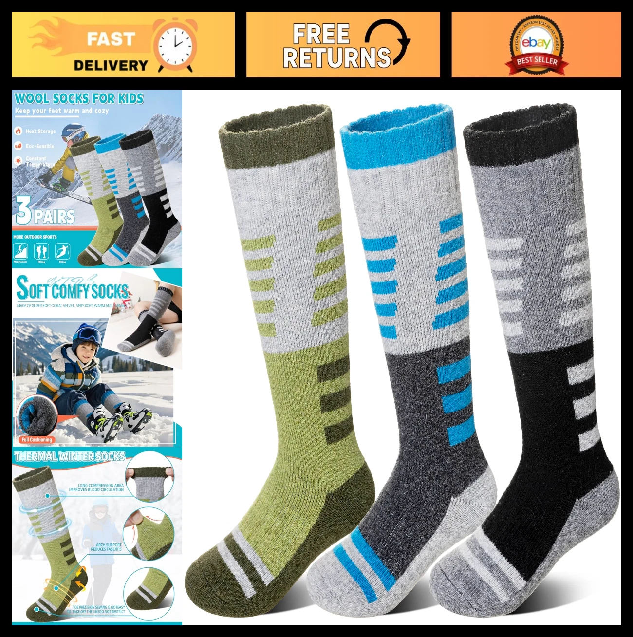 Kids Merino Wool Ski Socks - 3 Pairs Thermal Thick Warm Winter Boot Socks for Sk