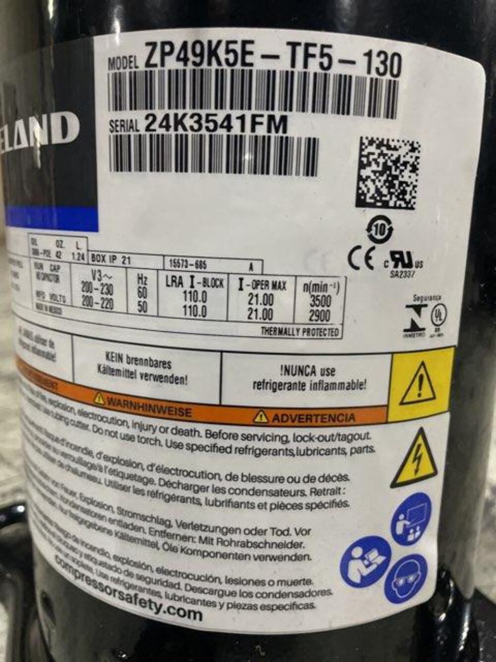 Copeland ZP49K5E-TF5-130 4 Ton Single-Stage AC Scroll Compressor 200-230/60/3
