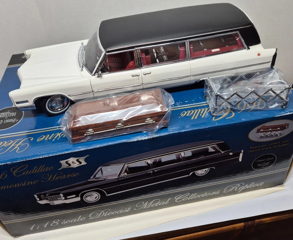 1966 Cadillac S&S Limousine Hearse Sunset Coach 1:18 Diecast - White - Image 2 of 4
