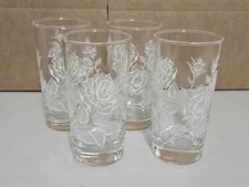 Vintage 6" Libby Rose & Leaves Pattern Clear Glass Drinking Glasses Set Of 4