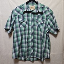 Wrangler Wrancher Pearl Snap Short Sleeve Shirt Men s XXL Green Blue Plaid Rodeo