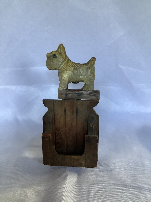 Antique Japan Scotty Dog Matchbook Holder Easel Back Marked MIJ Wooden
