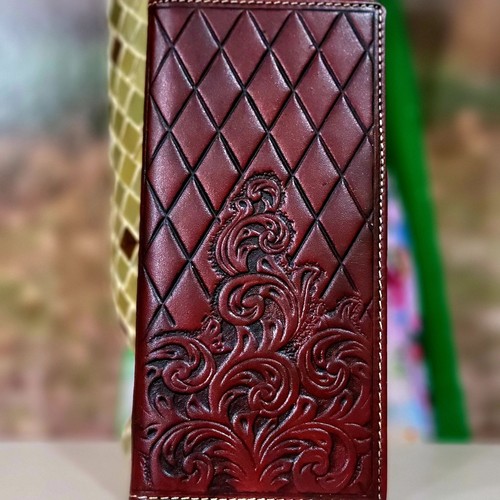 Western GENUINE LEATHER Wallet Bifold Tooled checker design brown - Picture 5 of 6