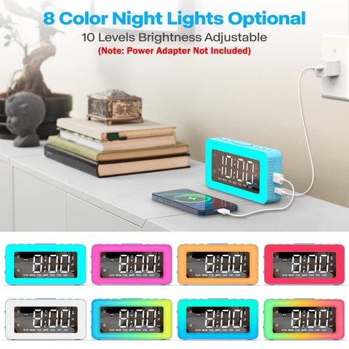RGB Night Light Alarm Clock, Mirrored Design, Dual Alarms, Snooze, USB Charger - Picture 3 of 7