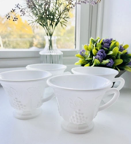 Vintage Indiana Milk Glass Colony Harvest Grape Tea Cups, Set of 4