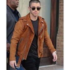 Mens Fashion brown Suede biker Jacket, Nick Jonas suede biker Jacket Men jackets