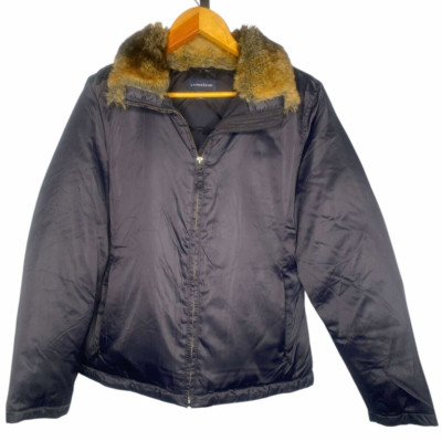 Lands End Jacket Women Small Black Goose Down Parka Puffer Coat Faux Fur Trim