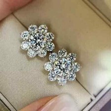 Round 2Ct REAL Moissanite Flower Push Back Stud Earrings 14K White Gold Plated