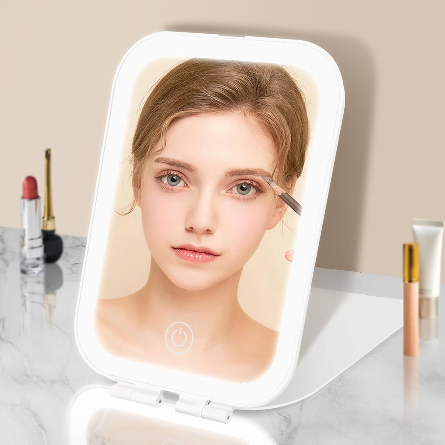 Rechargeable Travel Makeup Mirror with Dimmable Touch Light - Portable & Compact-image