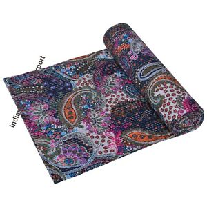 Black Paisley Quilt Blanket Indian King/Twin Handmade Bedspread Kantha Work 