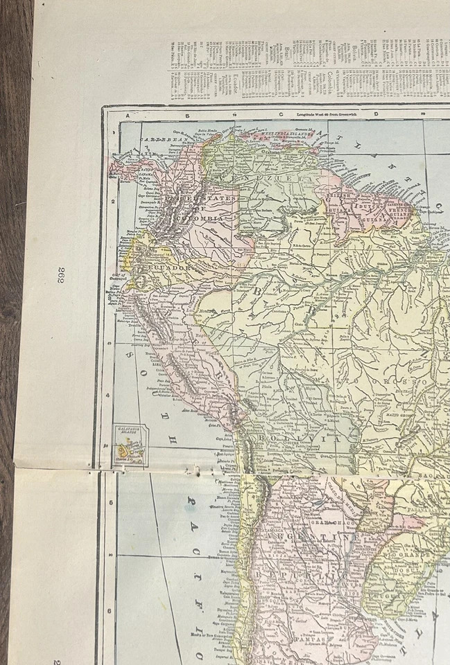 Antiguo mapa desplegable a todo color 1900 América del Sur Europa Centroamérica. "22x14,5"" Foto 2 de 4