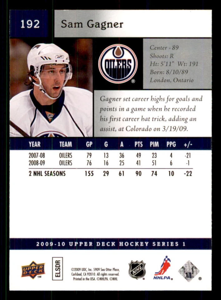 2009-10 Upper Deck #192 Sam Gagner Edmonton Oilers - Image 2 of 2