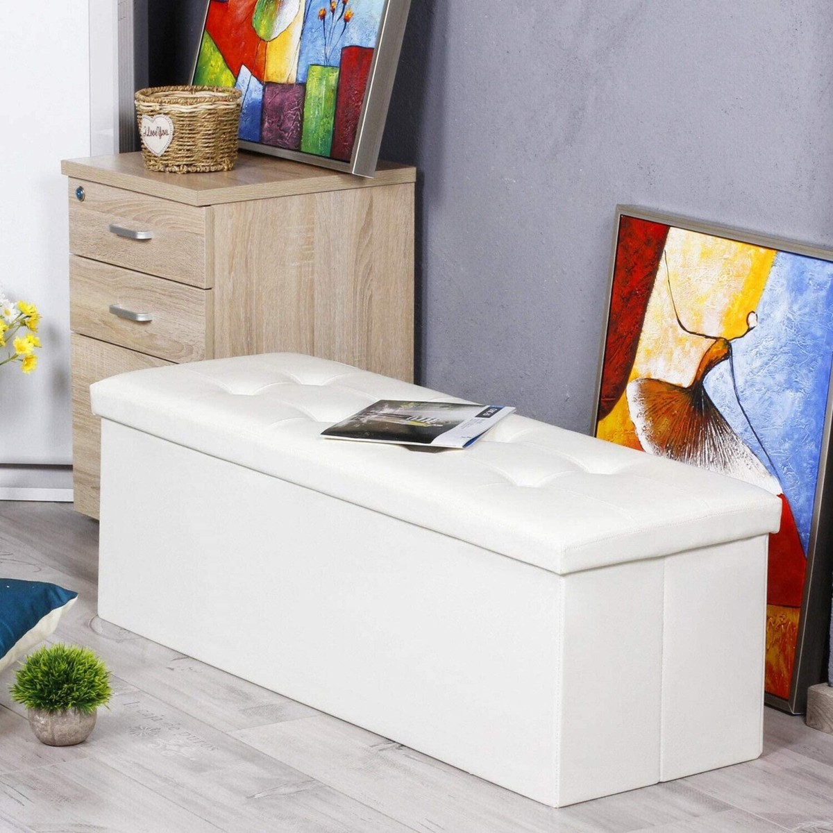 Faux Leather Folding Storage Ottoman Bench 43 inch White