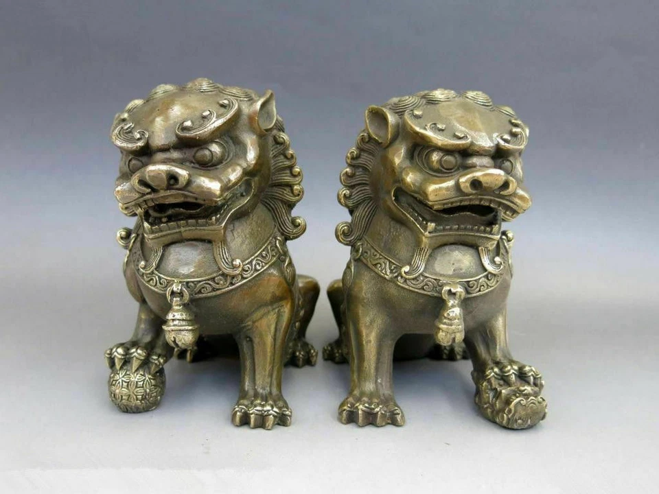 Chinese Brass Copper Animal Feng shui Foo Dog Lion town house Statue pair - Image 2 of 4
