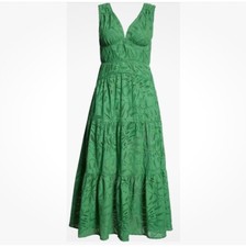 New AUTHENTIC FARM RIO Green Monstera Corset Eyelet Maxi Midi Dress Sz M