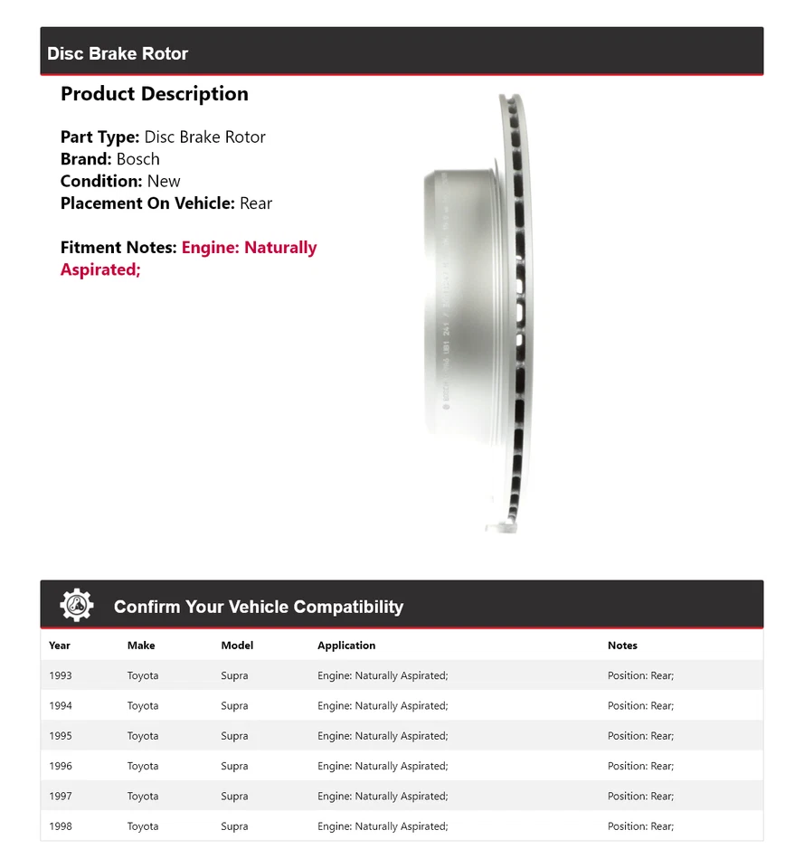 Rotor de freno de disco trasero Bosch con aspiración natural 1994 para Toyota Supra 1993-1998 Foto 2 de 4
