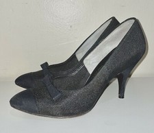 VTG 50'S AMERICAN GIRL CLASSIC PIN-UP BLACK FABRIC BOW POINTY PUMP HEELS 6