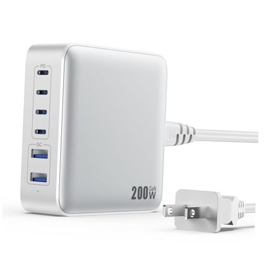 USB C Charger Block 200W, [2024 Upgraded] GaN III 6 Port Fast Charging White