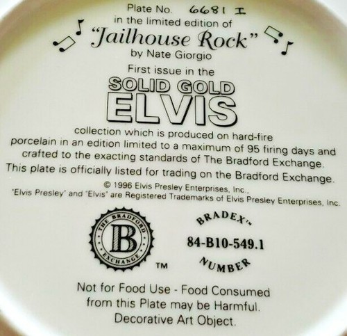 BRADFORD EXCHANGE LMTED EDITION ELVIS PRESLEY "JAILHOUSE ROCK" DECORATIVE PLATE - Picture 5 of 5