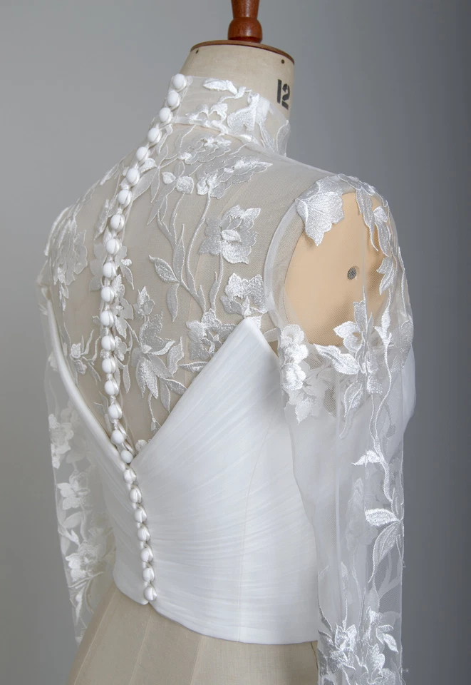 Wedding Floral Wraps Jacket Long Sleeves Applique High Collar Bridal Boleros - Image 4 of 4