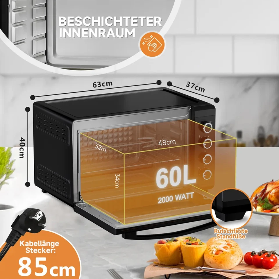 Mini Backofen 60 Liter 2000W Minibackofen mit Drehspieß Backblech Pizza Ofen - Bild 2 von 4