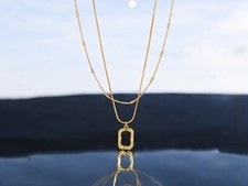 Women  s 18k Gold Plated Stainless Steel Double Chain W/ Square Pendant Necklace