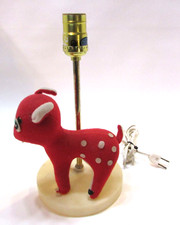 Old 1960's Nursery Electric 11" Tall Table Lamp w Stuffed Red Deer Fawn Plush