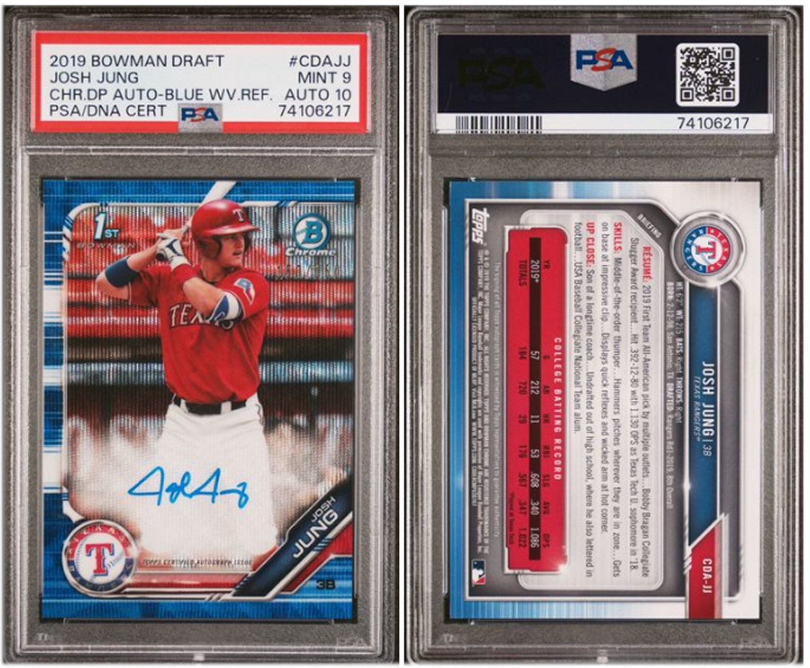 Josh Jung 2019 Bowman Draft Chrome Blue Wave Auto 150/150 PSA 9 / 10 CDAJJ