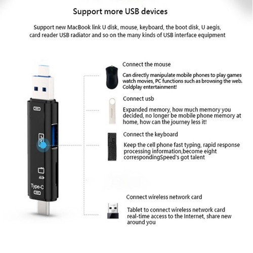Lecteur de carte mémoire 5 en 1 USB 2.0 type C/USB/Micro-USB/TF/Lecteur de carte mémoire OTG 9713 - Photo 8/10