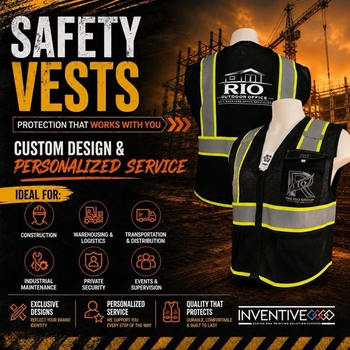 Custom black reflective safety vest, zipper, size XL,  ANSI/ISEA 107-2020 - product listing photo