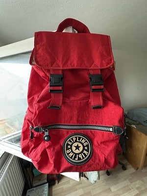 Vintage Kipling Red Nylon Backpack Large Flap Buckle Drawstring Padded Back Logo