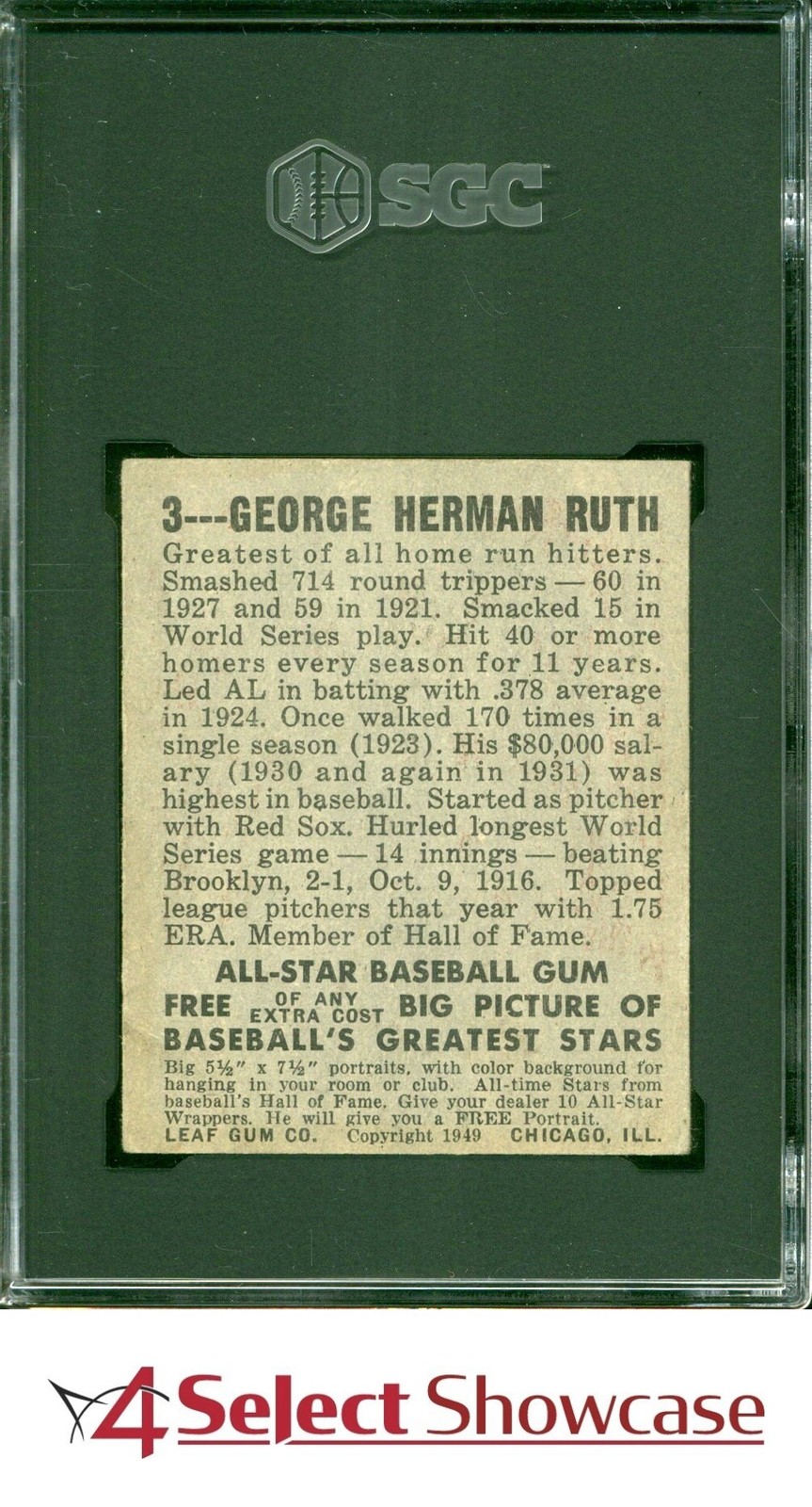 1948 LEAF GUM CO. #3 BABE RUTH YANKEES HOF SGC 4 view 2